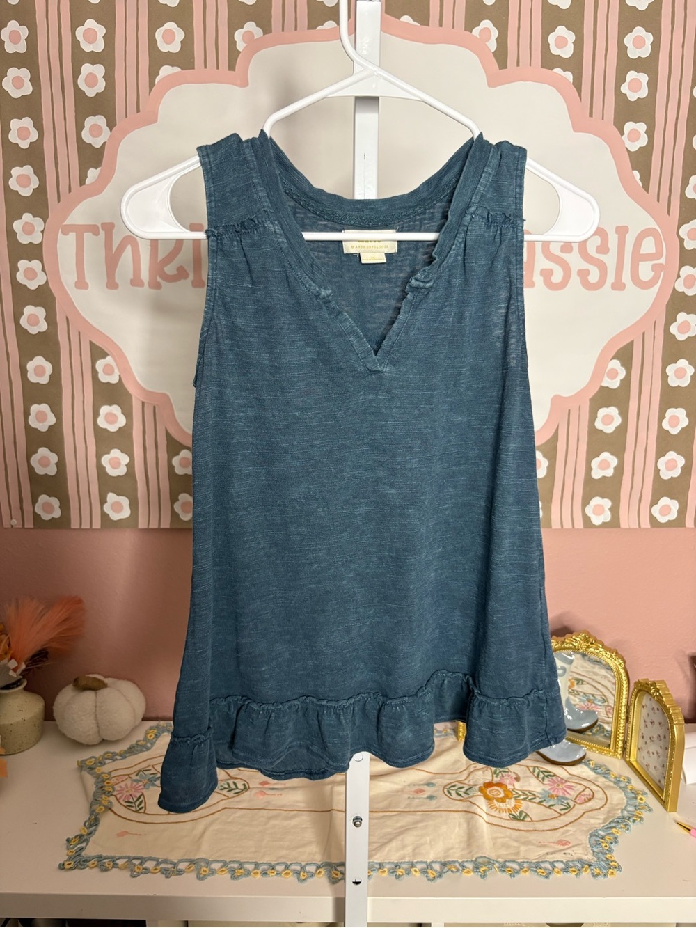 Anthropologie Teal Ruffle-Hem Sleeveless Tank